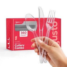 GUSTO [360 Combo Pack] Basic Clear Plastic Silverware, Heavyweight Disposable Utensils - 180 Forks, 120 Spoons and 60 Knives Cutlery, Perfect for Wedding, Parties and Events (Formerly Comfy Package)