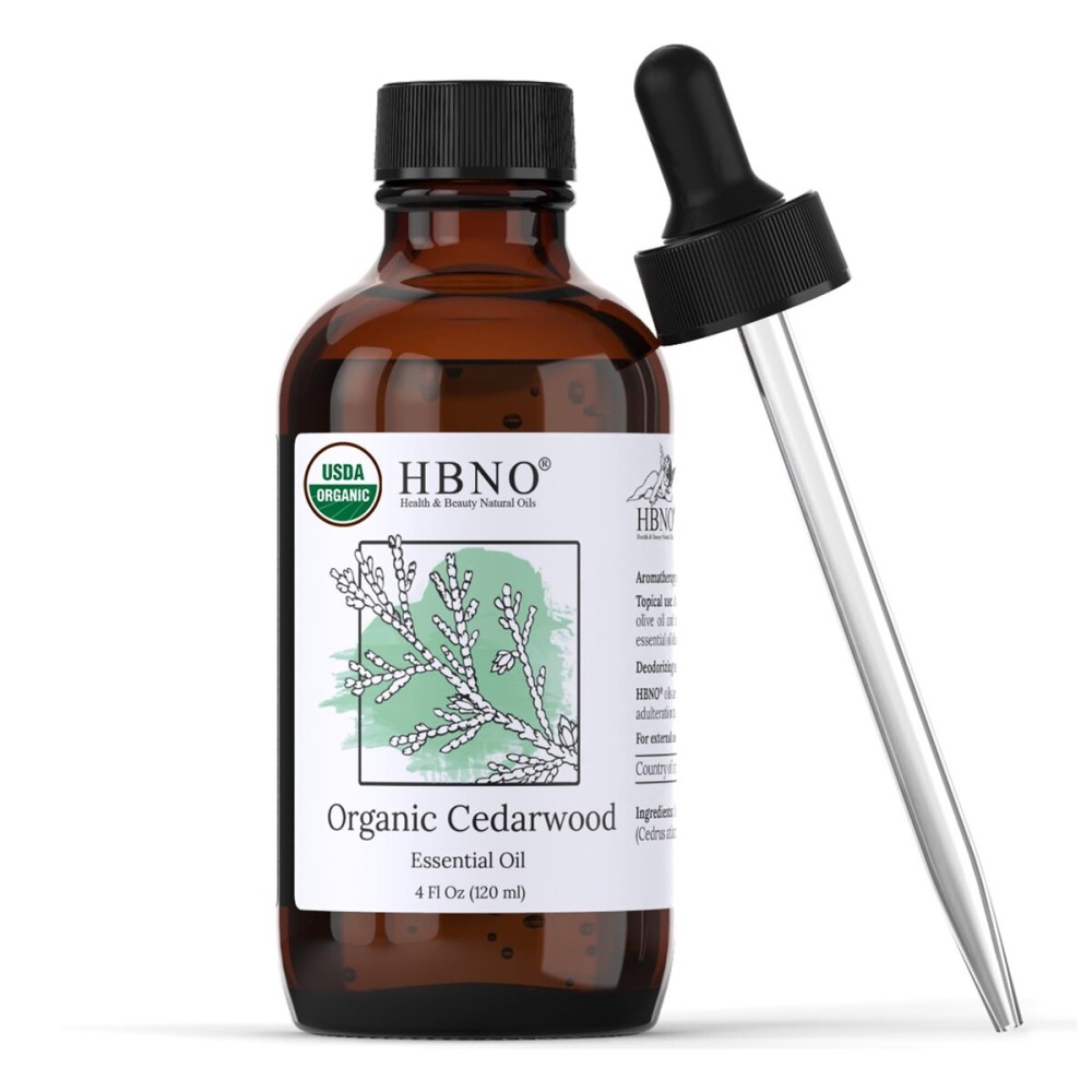 HBNO Organic Cedarwood Essential Oil - Huge 4 oz (120ml) Value Size - USDA Certified Organic Cedarwood Essential Oil for Aromatherapy, Soap Making, DIY, Fragrances, Diffuser.