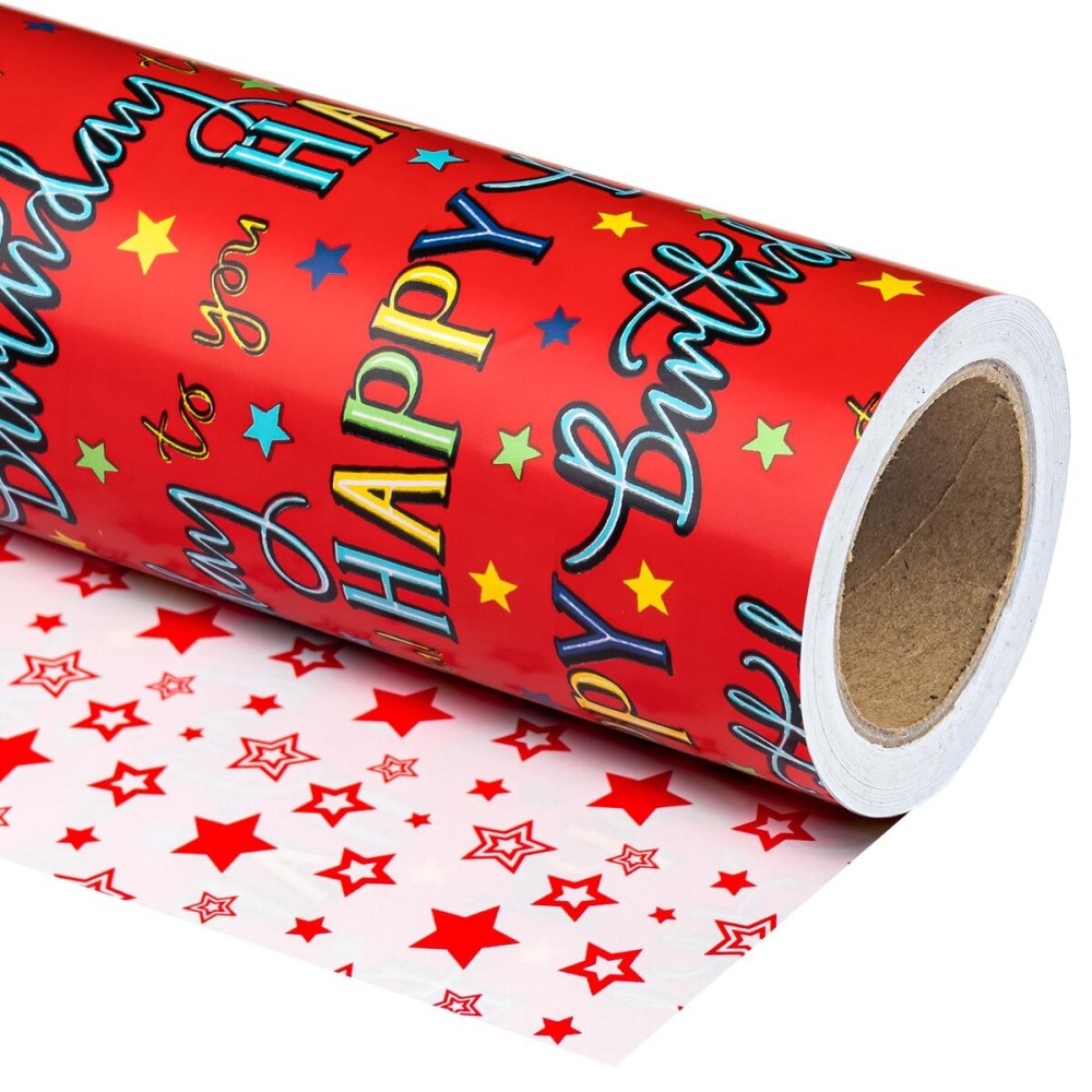 WRAPAHOLIC Reversible Birthday Wrapping Paper - Mini Roll - 17 Inch X 33 Feet - Red Happy Birthday to you Lettering Design for Girls Boys Kids, Baby Shower, Holiday, Party