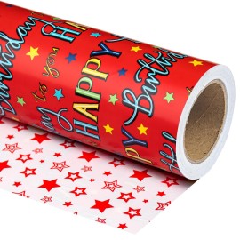 WRAPAHOLIC Reversible Birthday Wrapping Paper - Mini Roll - 17 Inch X 33 Feet - Red Happy Birthday to you Lettering Design for Girls Boys Kids, Baby Shower, Holiday, Party