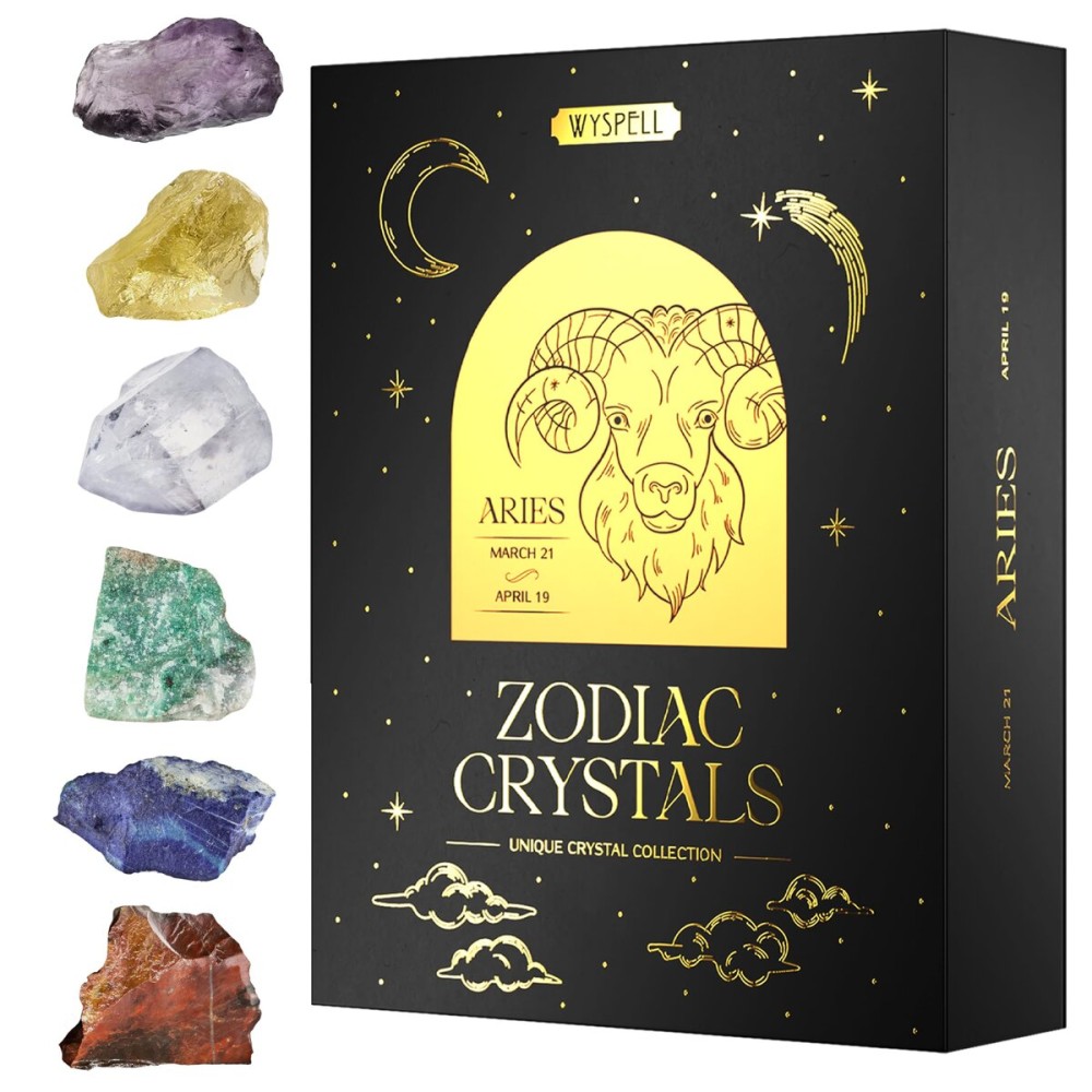 Wyspell Aries Crystal Set - 6 Raw Aries Crystals and Healing Stones - Zodiac Gifts for Women - Aries Healing Gifts - Aries Birthday Gifts - Astrology Gifts - Zodiac Crystal Set