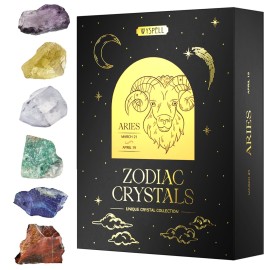Wyspell Aries Crystal Set - 6 Raw Aries Crystals and Healing Stones - Zodiac Gifts for Women - Aries Healing Gifts - Aries Birthday Gifts - Astrology Gifts - Zodiac Crystal Set