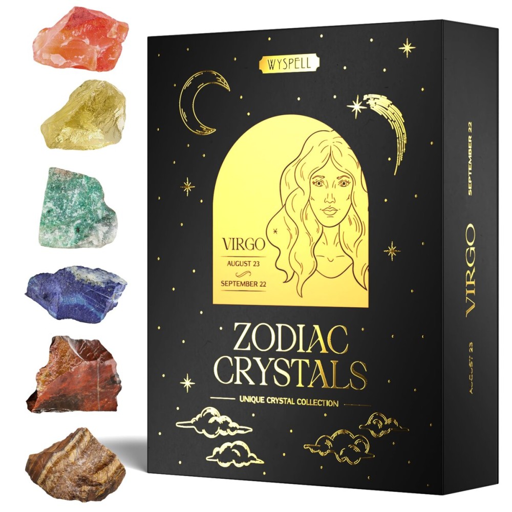 Wyspell Virgo Crystal Set - 6 Raw Virgo Crystals and Healing Stones - Zodiac Gifts for Women - Virgo Birthday Gifts for Women - Astrology Gifts for Women - Zodiac Crystal Set - Healing Gifts