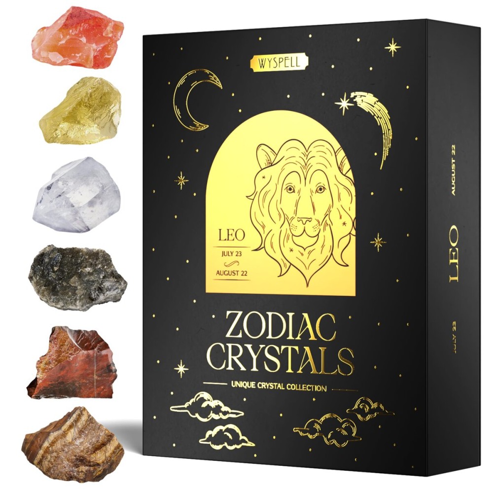 Wyspell Leo Crystal Set - 6 Raw Leo Crystals and Healing Stones - Leo Zodiac Gifts for Women - Leo Healing Gifts - Birthday Gifts for Women - Astrology Gifts for Women - Zodiac Crystal Set