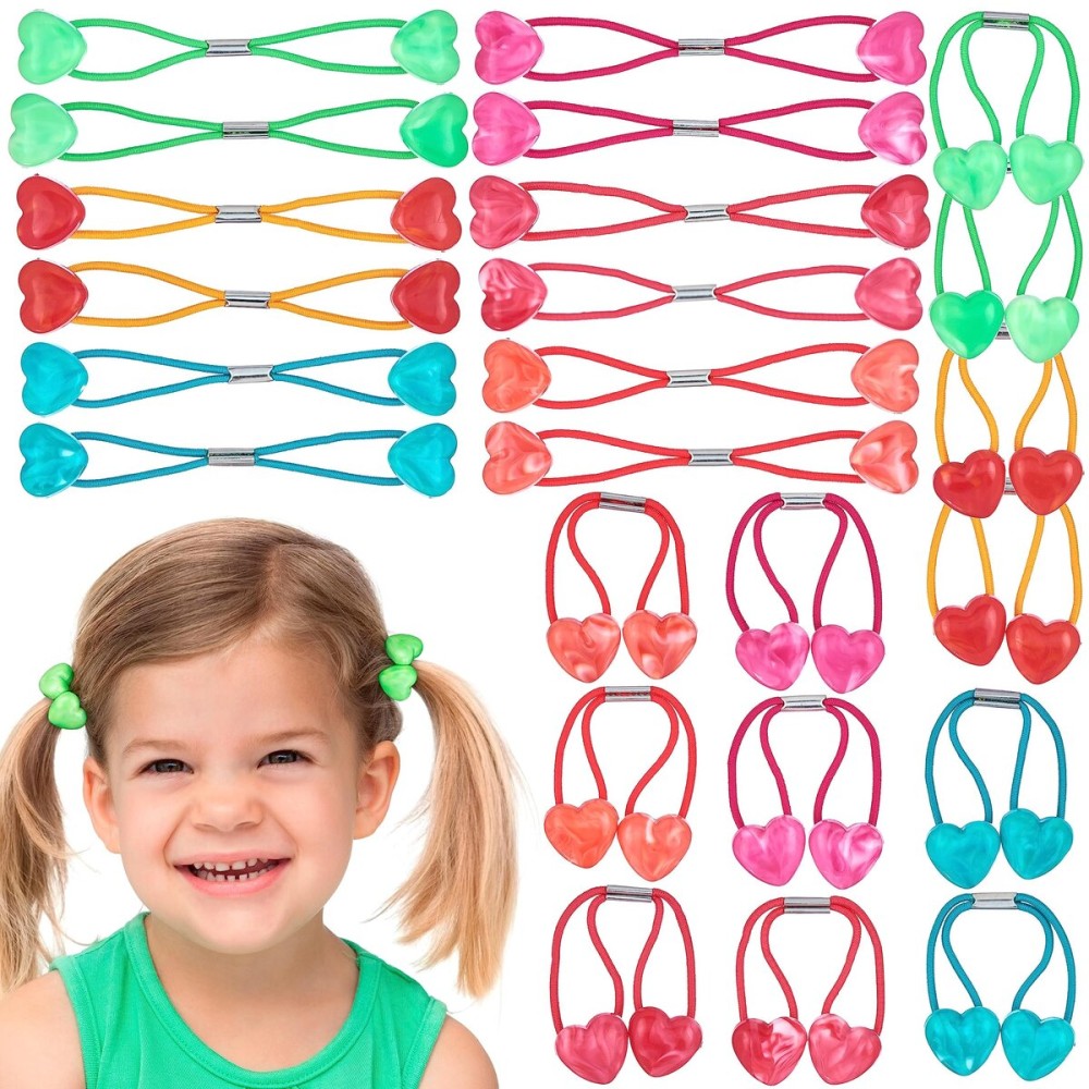Expressions 24 Count Heart-Shaped Bright Multicolored Twin Bead Ponytail Hair Elastics Collection - Hair Ties for Girls, Hair Accessories for Kids, Hair Ties for Toddler Girls, Ball Ponytail Holders