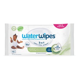 WaterWipes Sensitive+ Baby & Toddler Wipes, 3-In-1 Cleans, Cares, Protects, 99.9% Water, Textured Clean, Unscented & Hypoallergenic, 60 Count (1 Pack)
