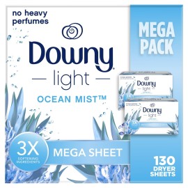 Downy Light Mega Dryer Sheets, Laundry Fabric Softener, Ocean Mist, 130 Count