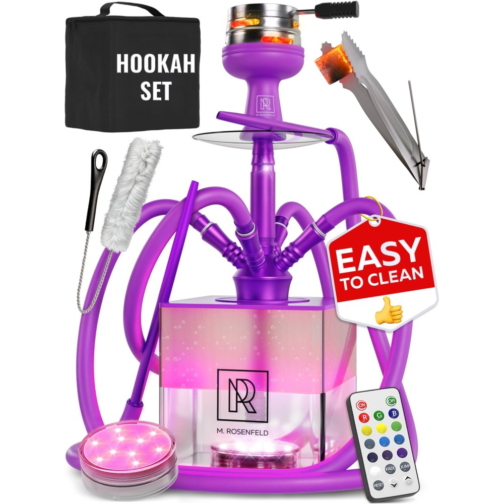 4 Hose Hookah Set with Everything - Purple Hookah 4 Hose Complete Kit with LED Light, Remote, Silicone Hoses, Acrylic Base, and Tongs - Big Hookah Set with Accessories - Premium Sisha Hooka