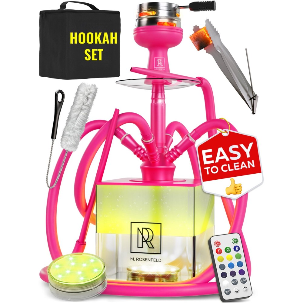 4 Hose Hookah Set with Everything - Pink Hookah 4 Hose Complete Kit with LED Light, Remote, Silicone Hoses, Acrylic Base, and Tongs - Big Hookah Set with Accessories - Premium Sisha Hooka