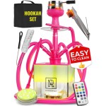 4 Hose Hookah Set with Everything - Pink Hookah 4 Hose Complete Kit with LED Light, Remote, Silicone Hoses, Acrylic Base, and Tongs - Big Hookah Set with Accessories - Premium Sisha Hooka