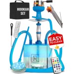 Royal Blue Hookah 2 Hose Hookah Set with Travel Case - YADO Square Shisha To Go - Cube Acrylic Hooka with Big Silicone Bowl for Smoking Coal Tongs Amazing Led Light Remote