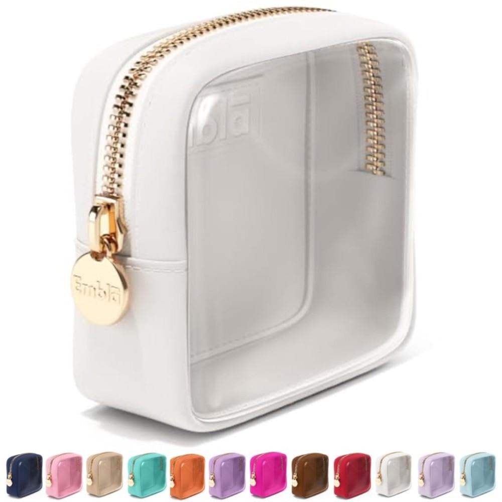 Embla Clear Cosmetic Bag Makeup Case, Clear Zipper Make Up Pouch and Toiletry Travel Tote, Cute Skincare Pouches for Women Girls, Preppy Purse Cosmetic Organizer, Mini Makeup Bags, White