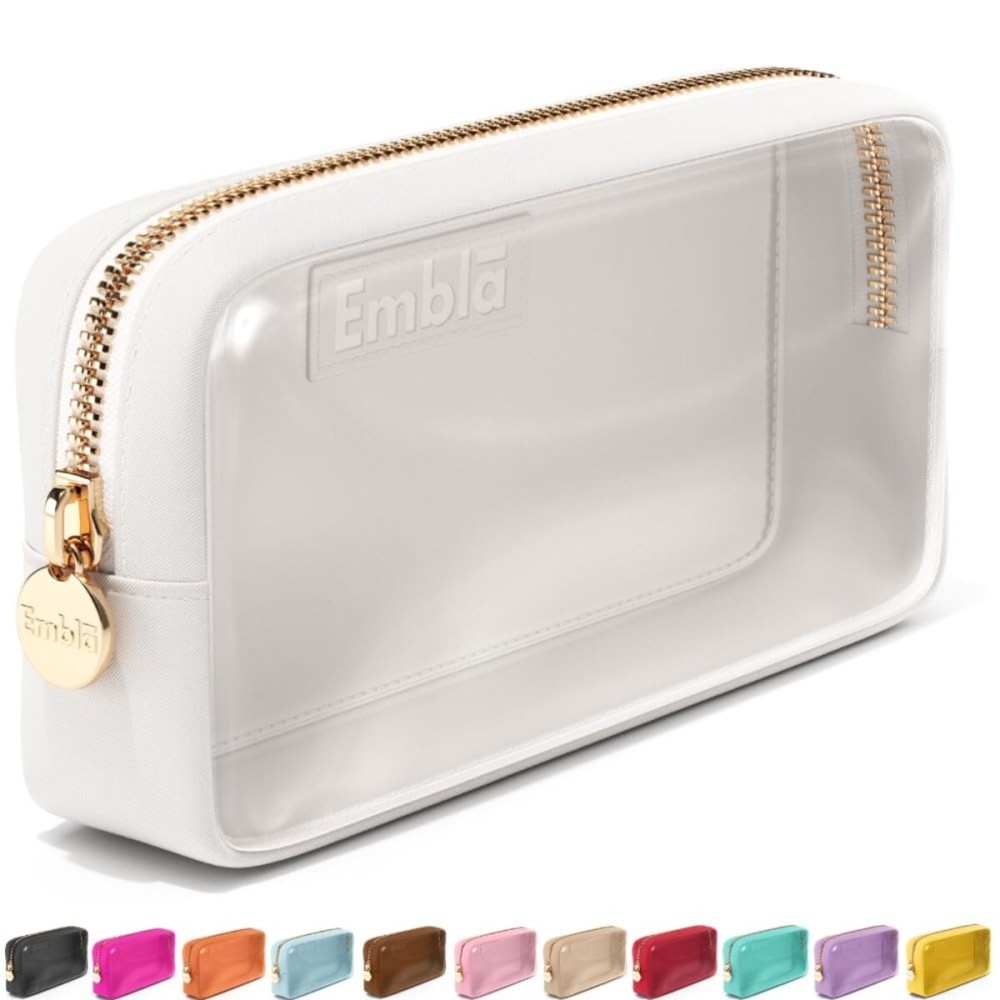 Embla Clear Cosmetic Bag Makeup Case, Clear Zipper Make Up Pouch and Toiletry Travel Tote, Cute Skincare Pouches for Women Girls, Preppy Purse Cosmetic Organizer, Small Makeup Bags, White