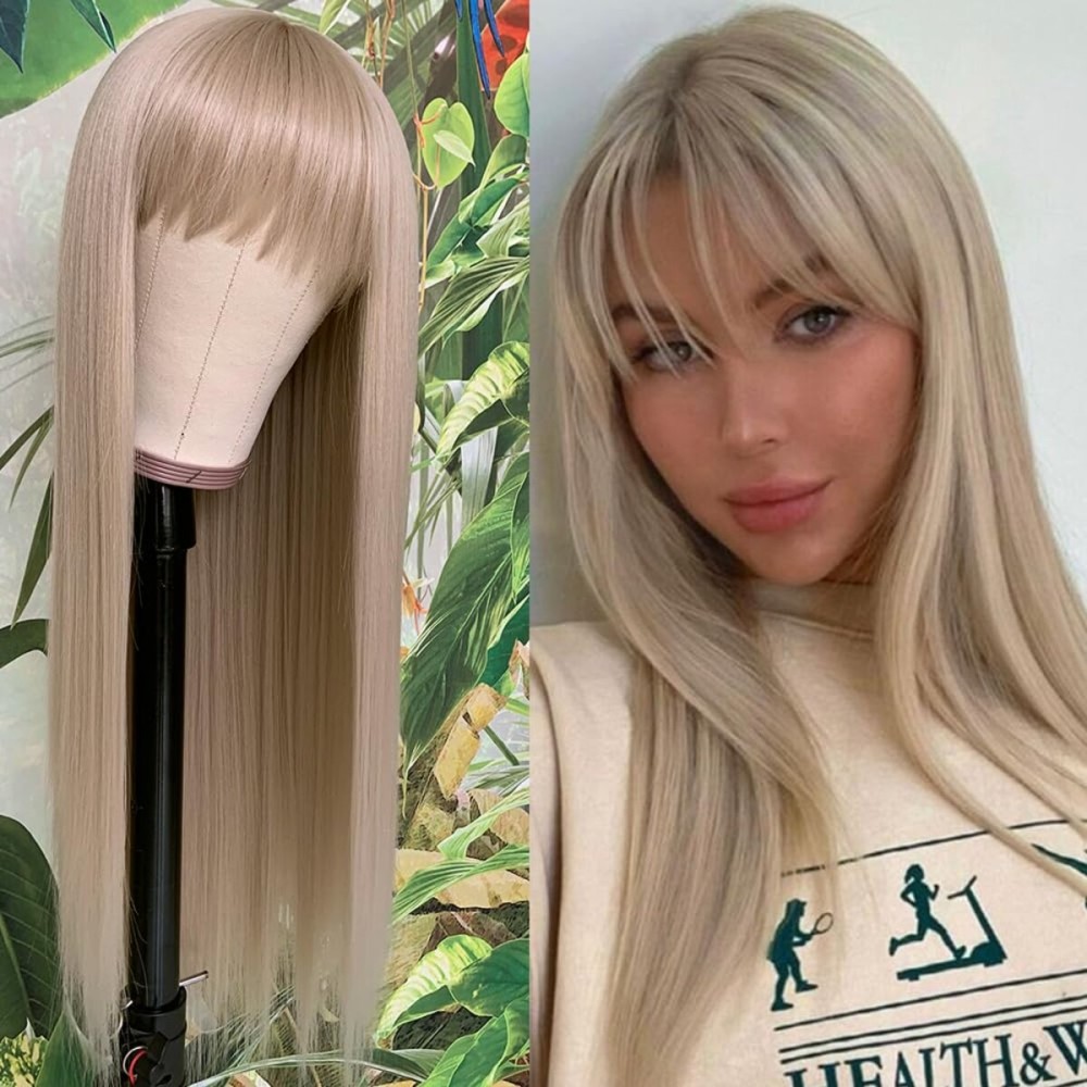 QD-Tizer Ash Blonde Synthetic Wigs with Bangs Long Straight Hair Wigs Glueless Synthetic None Lace Wigs Blonde Hair Heat-Resistant Fiber Wigs for Black Women