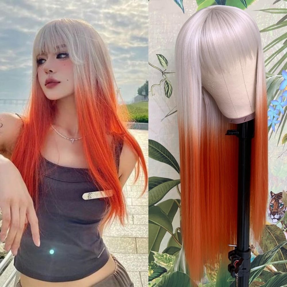 QD-Tizer Long Straight Orange Synthetic Wigs with Bangs Heat Resistant Fiber Glueless Synthetic No Lace Wigs for Fashion Women White Hair Party/cosplay Wigs