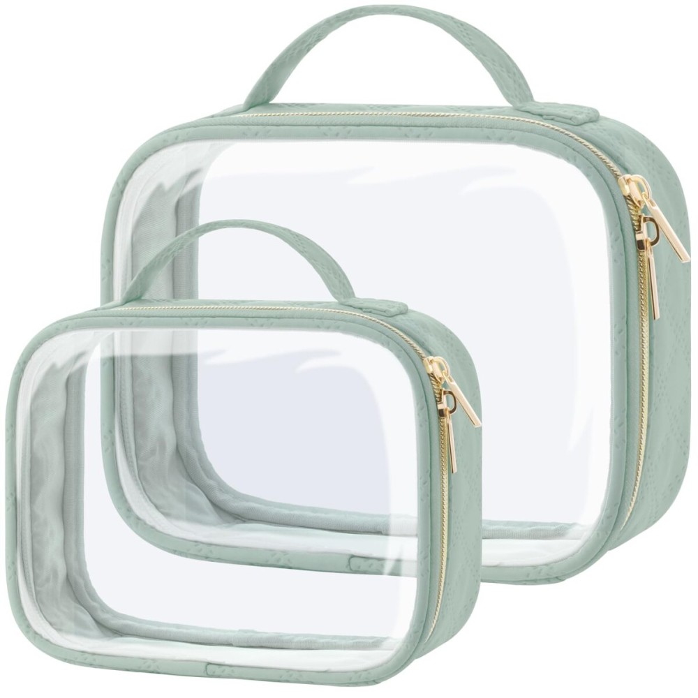 PACKISM TSA Approved Toiletry Bag - 2 Pack Clear Makeup Bag with Handle Large Opening, Toiletry Bag Travel Bags for Toiletries, 1 Medium TSA Quart Carry-On & 1 Large for Checked Luggage, Laurel Green
