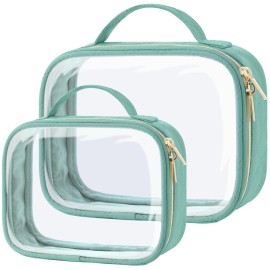 PACKISM TSA Approved Toiletry Bag 1 Large 1 Medium, 2 Pack Clear Makeup Bags with Handle Large Opening, Clear Toiletry Bags Fit Carry-on Travel Essential, Travel Bags for Toiletries, Turquoise Green