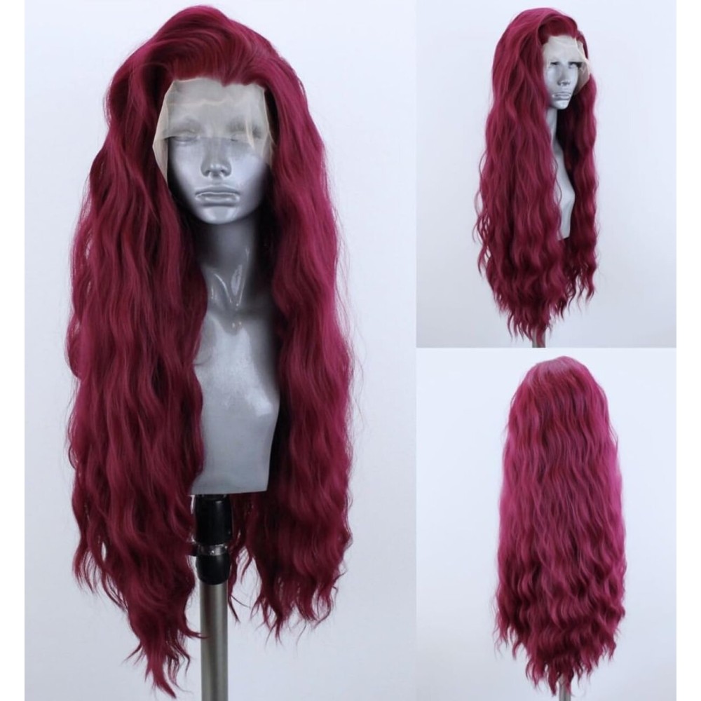 WXHWCX Wine Red Synthetic Lace Front Wigs Free Part Loose Wave Heat Resistant Natural Hairline Fiber Hair Glueless Lace Wigs for Women Cosplay Wig