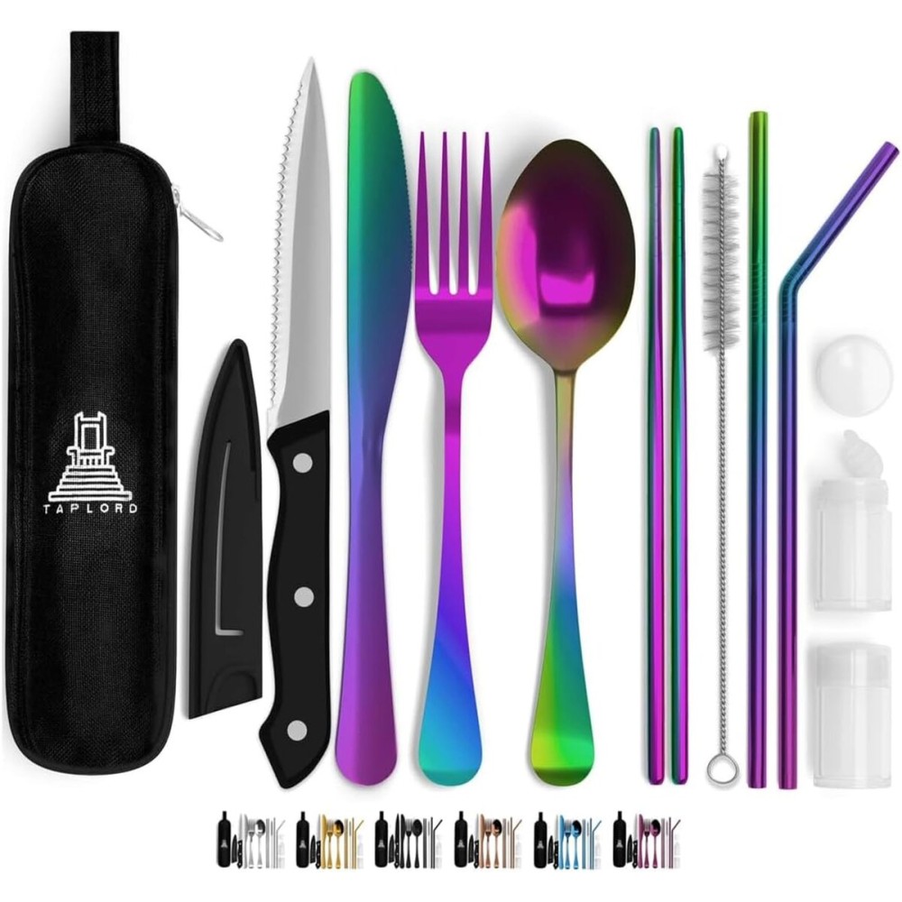 Taplord Portable Travel Silverware Set With Case, Includes 10 Pcs of Travel Utensils With Case, Stainless Steel Flatware Set For Camping, Lightweight (Multi-Color)