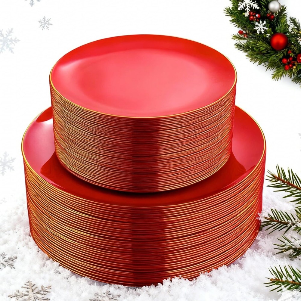 PULOTE 100PCS Red Plastic Plates Disposable Heavy Duty - Include 50 Dinner / 50 Dessert Plates for Party & Christmas