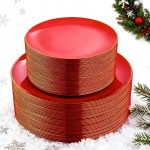 PULOTE 100PCS Red Plastic Plates Disposable Heavy Duty - Include 50 Dinner / 50 Dessert Plates for Party & Christmas