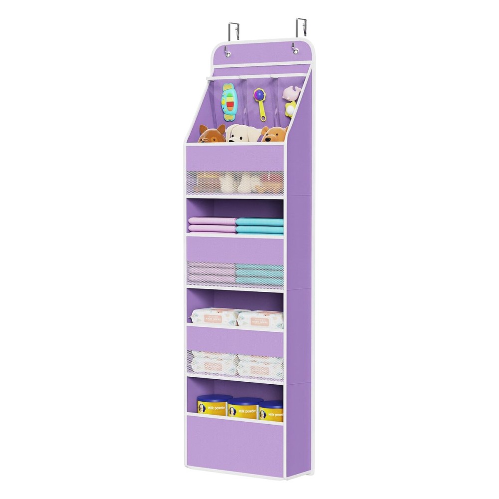 Univivi 5-Shelf Fabric Door Storage Over Door Hanging Organizer with 4 Large Pockets and 3 Small PVC Pockets Nursery Closet Cabinet Wall Mount Hanging Storage Organizers for Baby Nursery (Purple)