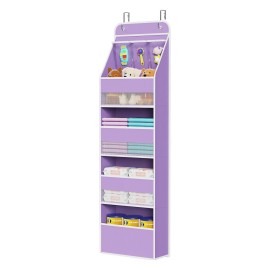 Univivi 5-Shelf Fabric Door Storage Over Door Hanging Organizer with 4 Large Pockets and 3 Small PVC Pockets Nursery Closet Cabinet Wall Mount Hanging Storage Organizers for Baby Nursery (Purple)