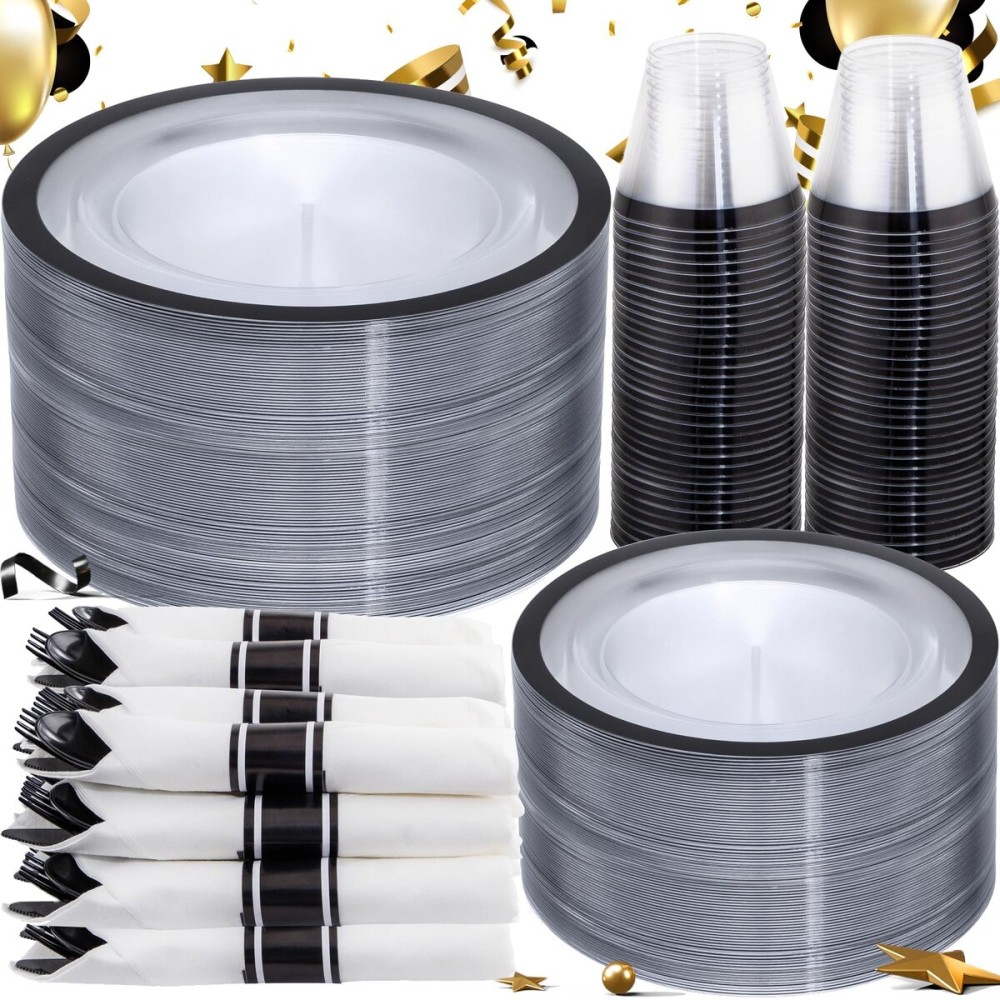 I00000 350 Pcs Clear and Black Plastic Plates,Black Dinnerware Set, Include 50 Dinner and 50 Dessert Plates,50 Plastic Cups,50 Per Rolled Napkins with Cutlery for Happy New Year 2026