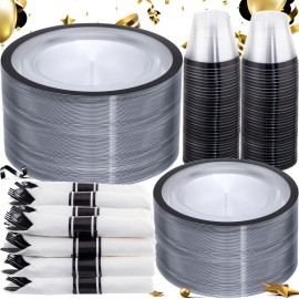 I00000 350 Pcs Clear and Black Plastic Plates,Black Dinnerware Set, Include 50 Dinner and 50 Dessert Plates,50 Plastic Cups,50 Per Rolled Napkins with Cutlery for Happy New Year 2026