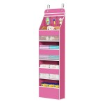 Univivi 5-Shelf Fabric Door Storage Over Door Hanging Organizer with 4 Large Pockets and 3 Small PVC Pockets Nursery Closet Cabinet Wall Mount Hanging Storage Organizers for Baby Nursery (Pink)