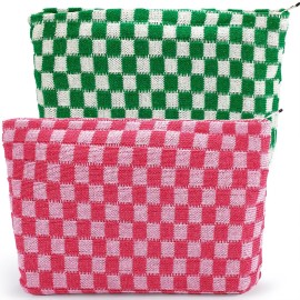 ZLFSRQ 2Pcs Checkered Makeup Bag for Women Large Capacity Cosmetic Bag Set Travel Makeup Pouch for Purse Zipper Toiletry Organizer Cute Y2K Aesthetic Trendy Skincare Storage Organizer(Pink/Green)