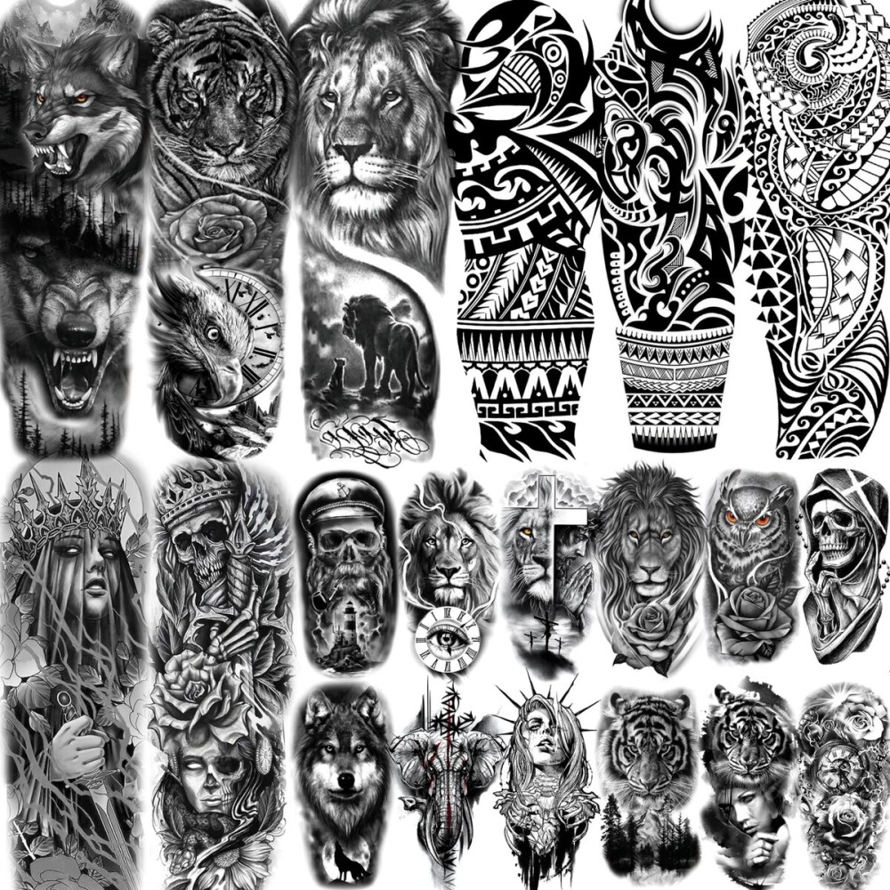 EGMBGM 20 Sheets Black Tribal Wolf Tiger Lion Temporary Tattoo Sleeve For Men Adults, 3D Halloween Prison Gothic Maori Sleeve Tattoos For Women, Fake Full Arm Sleeve Tattoo Stickers Skull Skeleton