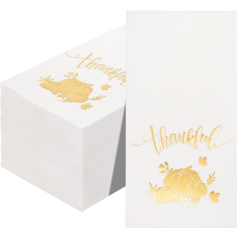 BUCLA 100-Count 3-Ply Thanksgiving Napkins - White and Gold Napkins Disposable & Pumpkin Paper Napkins Premium Quality - Gold Paper Napkins Dinner Size Soft, Absorbent for Thanksgiving Party