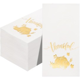 BUCLA 100-Count 3-Ply Thanksgiving Napkins - White and Gold Napkins Disposable & Pumpkin Paper Napkins Premium Quality - Gold Paper Napkins Dinner Size Soft, Absorbent for Thanksgiving Party
