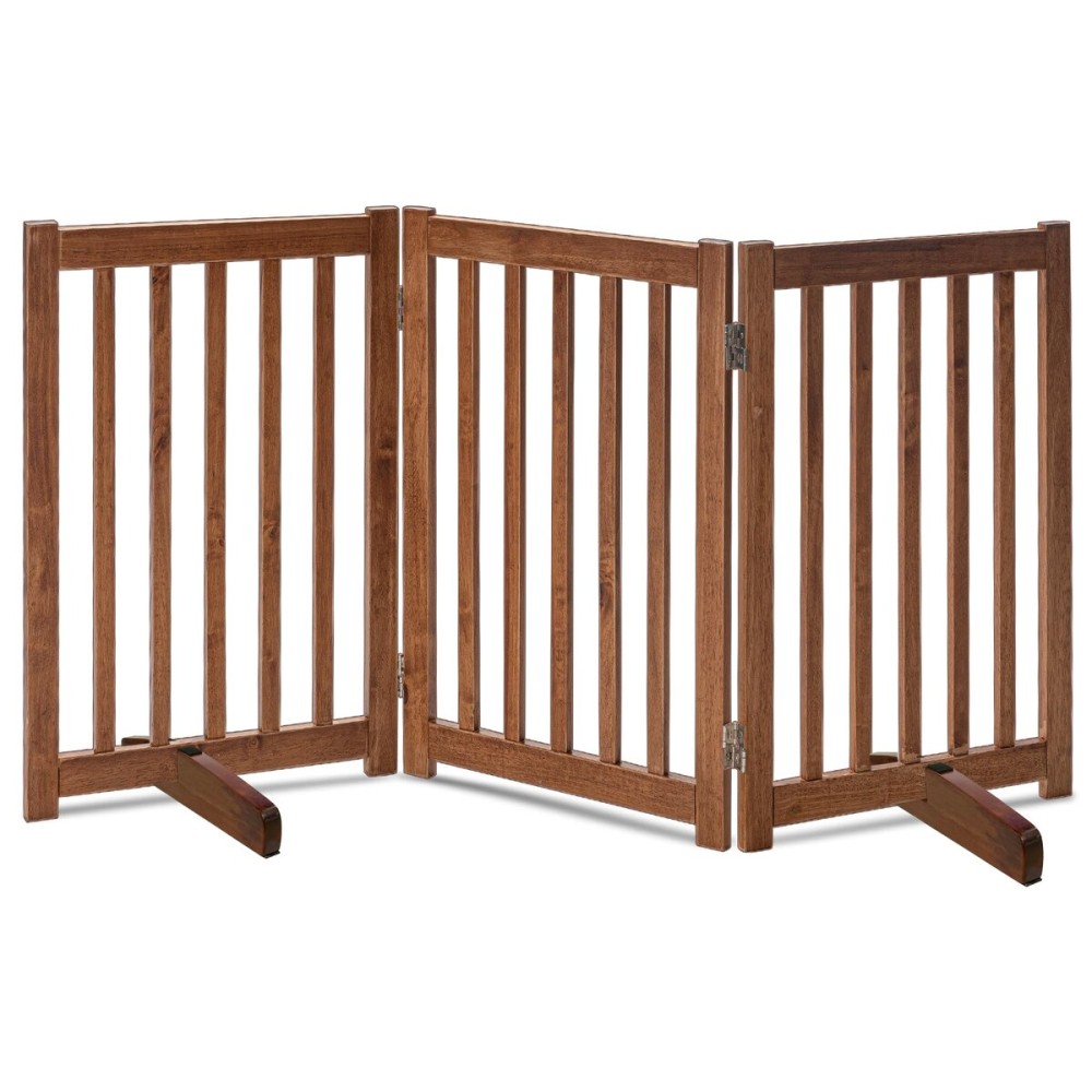 LZRS Freestanding Dog Gate 30 inch Tall - 3 Panels Solid Wooden Pet Gate for Doorways, Stairs & Hallways, Expandable & Foldable with Support FeetIndoor Use,Oak