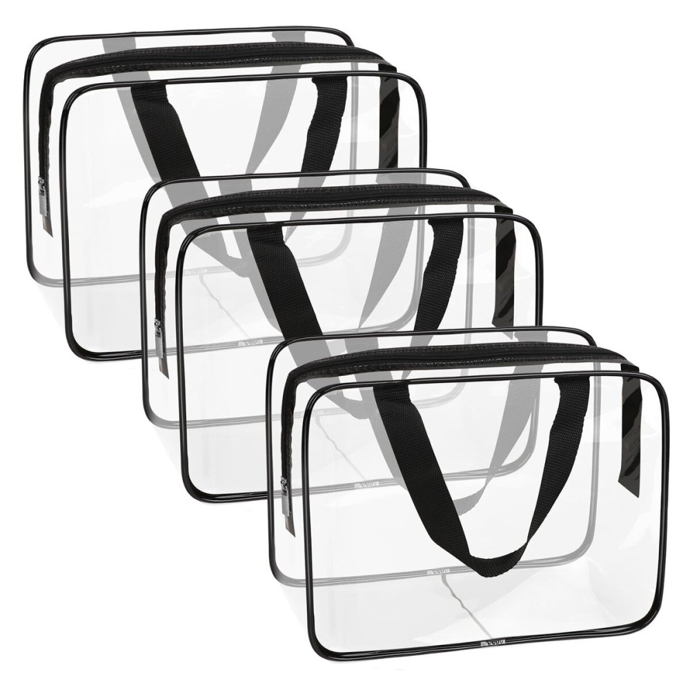 APREUTY Clear Makeup Bags, TSA Approved 3 Pcs Large Cosmetic Makeup Bags Set Clear PVC with Zipper Handle Portable Travel Luggage Pouch Airport Airline Vacation Organization (Black)