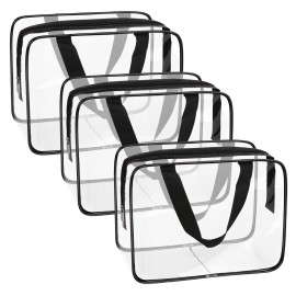 APREUTY Clear Makeup Bags, TSA Approved 3 Pcs Large Cosmetic Makeup Bags Set Clear PVC with Zipper Handle Portable Travel Luggage Pouch Airport Airline Vacation Organization (Black)