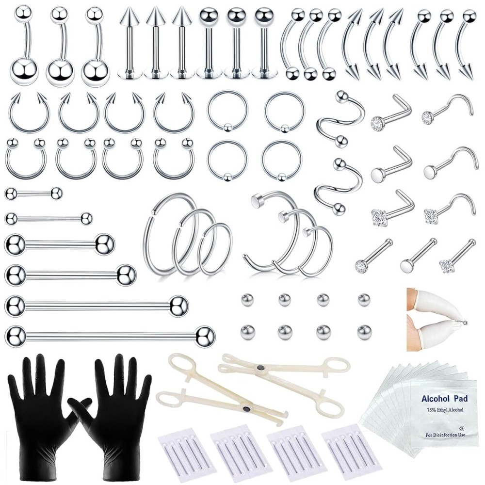 A-minusone 98PCS Piercing Kit for All Body Piercings Stainless Steel Piercing Jewelry with 12G 14G 16G 20G Piercing Needles for Nose Cartilage Tragus Septum Lip Belly Button Eyebrow