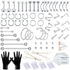 A-minusone 98PCS Piercing Kit for All Body Piercings Stainless Steel Piercing Jewelry with 12G 14G 16G 20G Piercing Needles for Nose Cartilage Tragus Septum Lip Belly Button Eyebrow