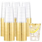 I00000 100PCS Gold Plastic Cups,10 oz Clear Plastic Cups with Gold Trim, Beer MugsDisposable Hard Cup For Party, Premium Cup Perfect for Wedding & Party
