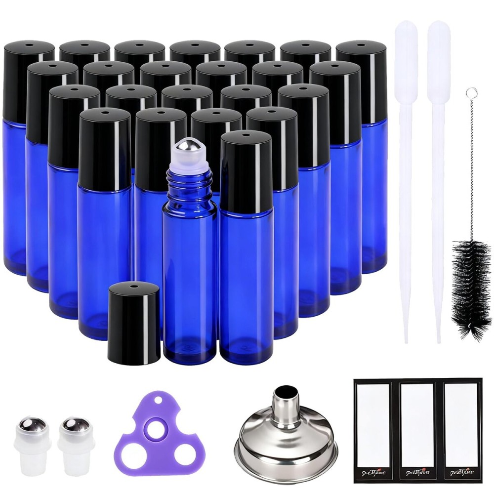 PrettyCare Roller Bottles For Oils 10 ml (Blue Glass, 24 Pack, 2 Extra Stainless Steel Balls, 2 droppers, 1 small brush, 24 Labels, 1 Opener, 1 Funnels Essential Oil Roller Bottles, Roller on Bottles