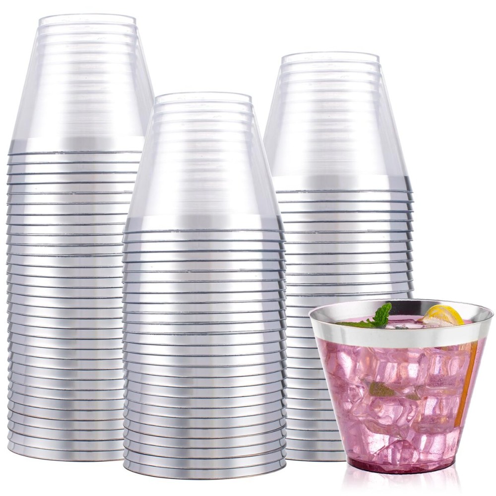 I00000 100PCS Silver Plastic Cups,9 oz Clear Plastic Cups with Silver Trim, Heavy-Duty Disposable Hard Cup For Party, Premium Cup Perfect for Wedding & Party