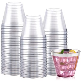 I00000 100PCS Silver Plastic Cups,9 oz Clear Plastic Cups with Silver Trim, Heavy-Duty Disposable Hard Cup For Party, Premium Cup Perfect for Wedding & Party