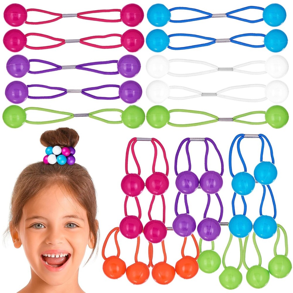 20pc Ponytailers Ponytail Balls Hair Elastics Collection, 18mm Round Opaque Multicolored Twin Hair Beads Bauble Hair Ties Ponytail Holders, Toddler Kids Bobble Hair Tie Value Pack