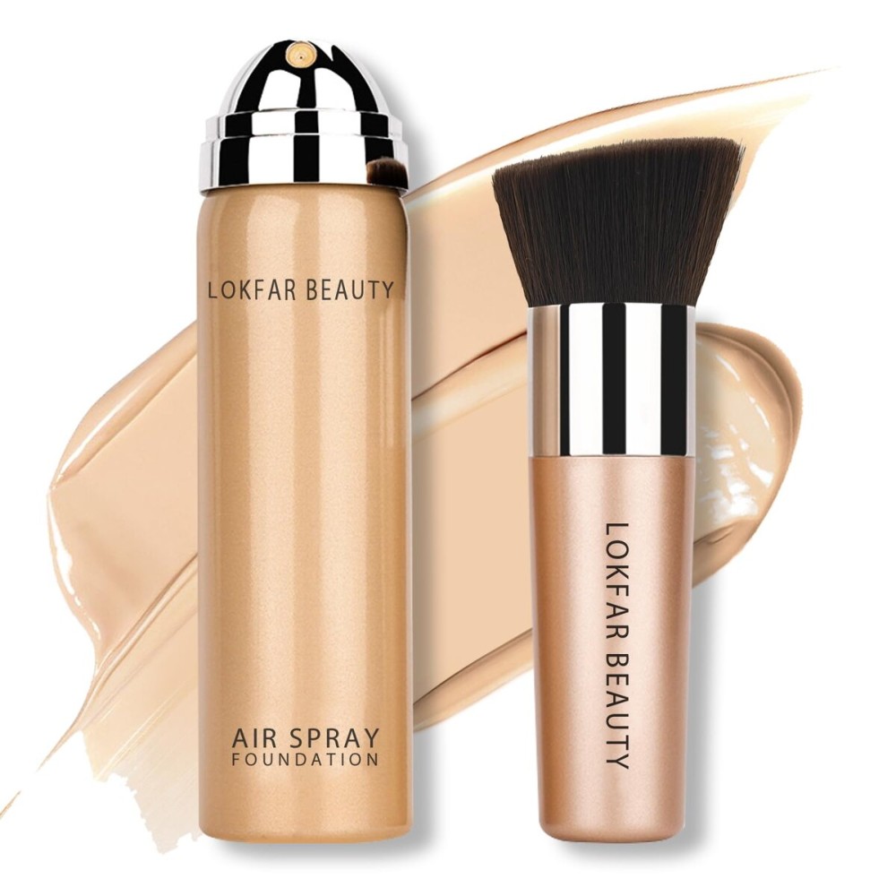 LOKFAR AirBrush Foundation Spray, Silky Mist Spray Makeup Kit with Brush, Full Coverage Foundation for Smooth Radiant Finish, Formula Breathable Lightweight Hydrating | 02 Nude
