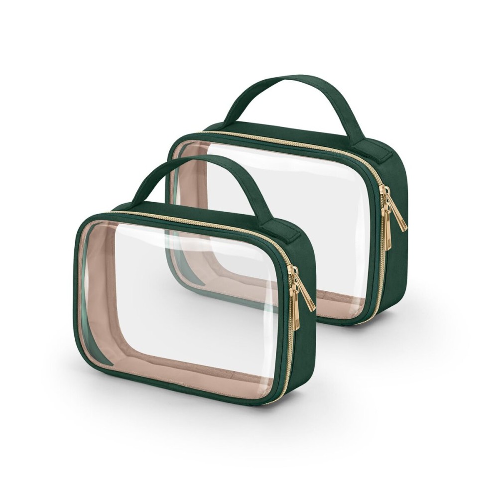 Wedama TSA Approved Toiletry Bag, 2 Pack Clear Makeup Bags with Handles, Quart Size Clear Toiletry Bags, PVC Cosmetic Bags for Women and Men, Carry on Airport Airline Compliant Bag, Dark Green