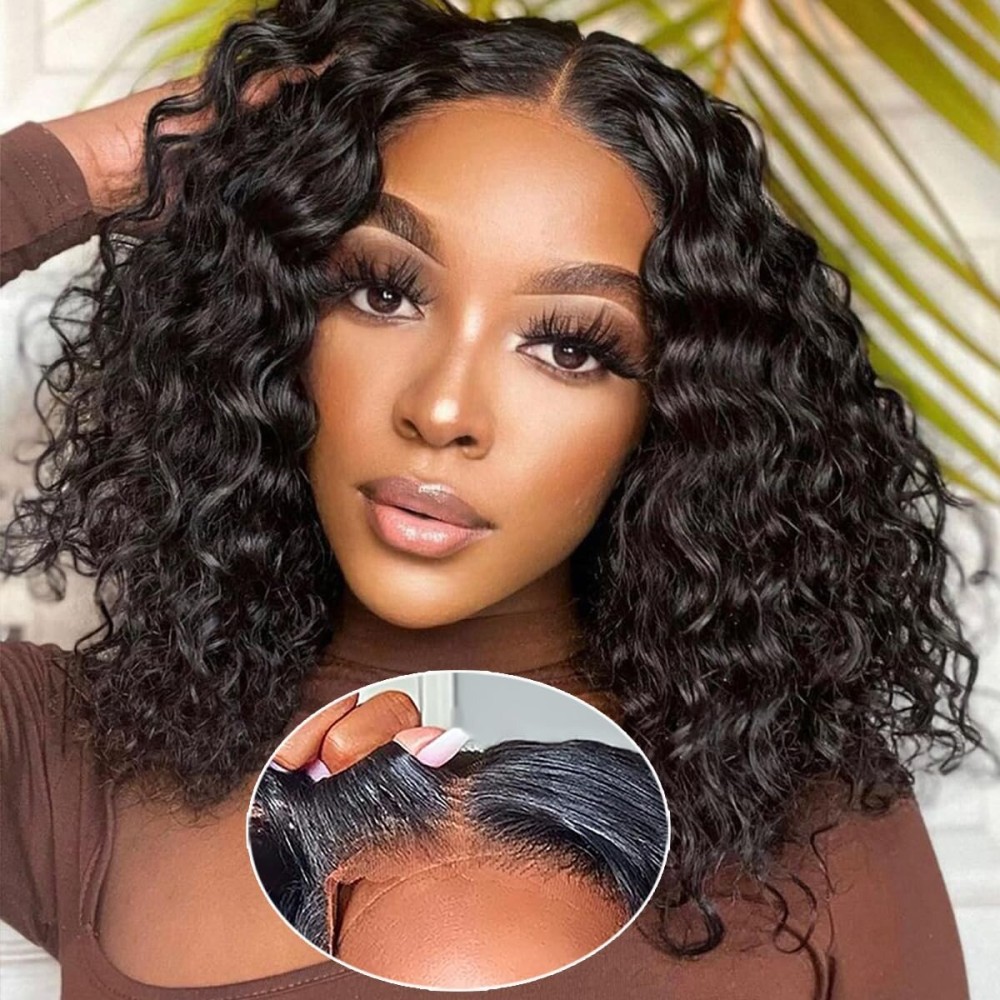 RUI MEI SI Glueless Wigs Human Hair Pre Plucked with Baby Wear and Go for Beginners Deep Wave Bob Wig No Glue Cut 4x4 Lace Closure Black Women 14 Inch