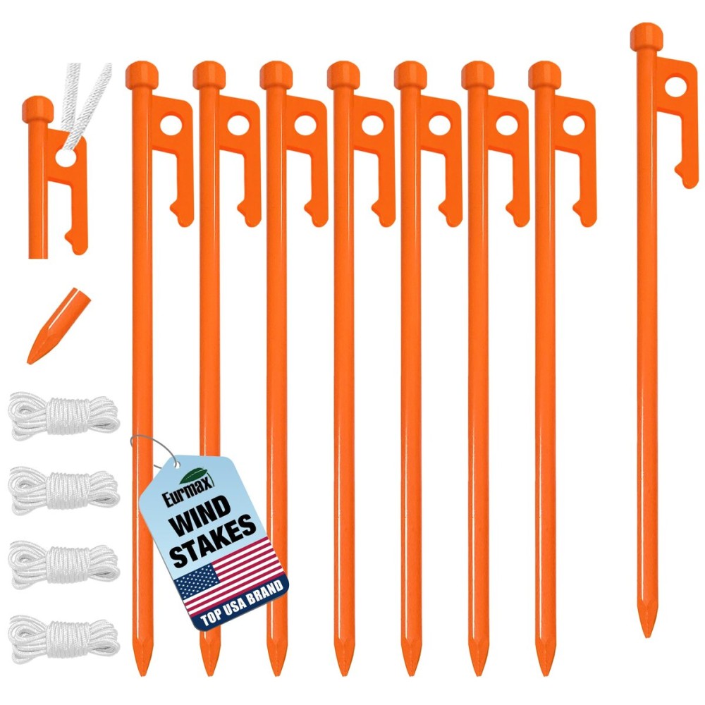 Eurmax USA 10 inch Multiuse Heavy Duty Steel Tent Stakes Tarp Pegs Camping Stakes for Outdoor Camping Canopy and tarp with 4 Ropes 10FT Length,8pcs(Orange)