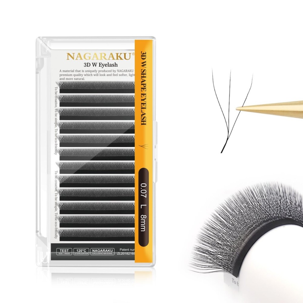 NAGARAKU 3D W Shape Eyelash Extension Supplies Natural Soft Volume 0.07mm L curl 8mm Premade Fans Faux Mink Matte Black Cluster Easy Fanning False Lashes