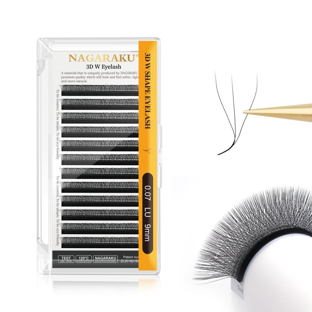 NAGARAKU 3D W Shape Eyelash Extension Supplies Natural Soft Volume 0.07mm LU curl 9mm Premade Fans Faux Mink Matte Black Cluster Easy Fanning False Lashes
